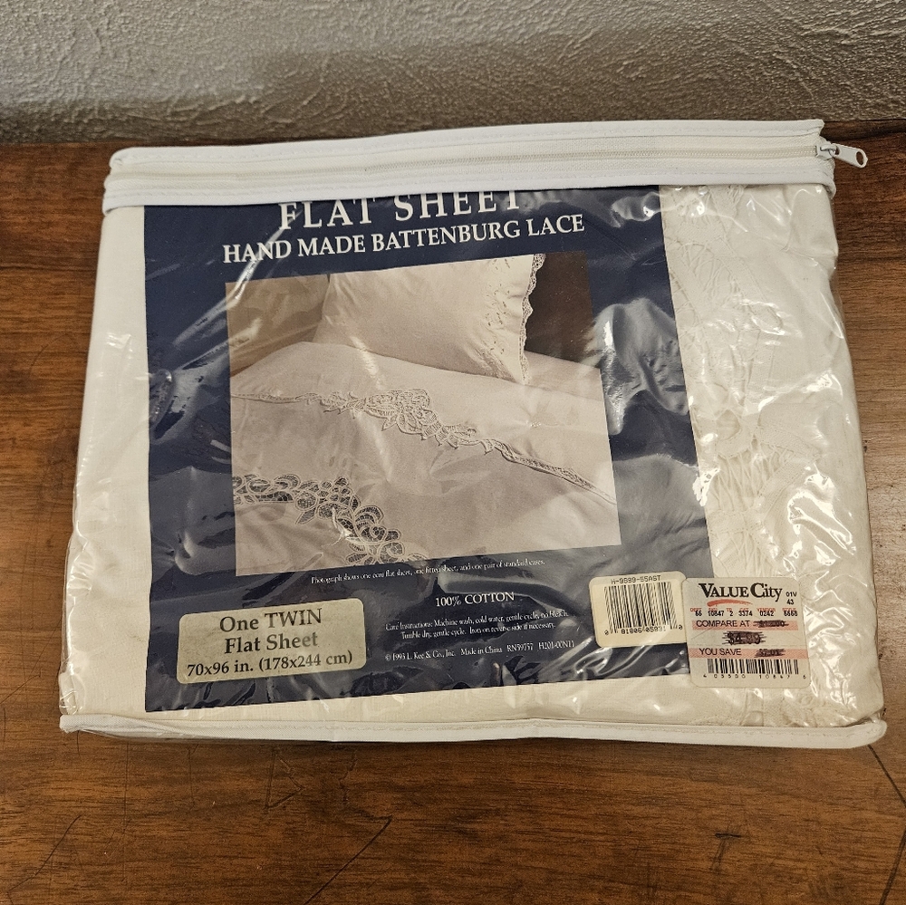 Vintage L Kee & Co Ivory Twin Size Flat Sheet Battenburg Lace Handmade‎ Cotton